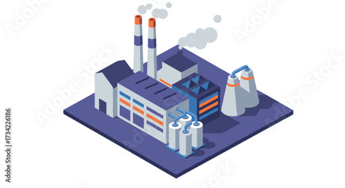 Isometric power plant with industrial buildings and smokestacks