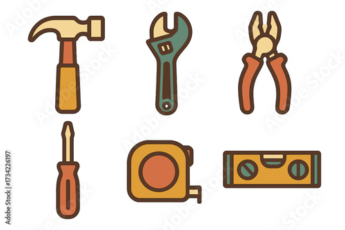 Essential construction and home repair tools set including hammer, wrench, pliers, screwdriver, tape measure, and level
