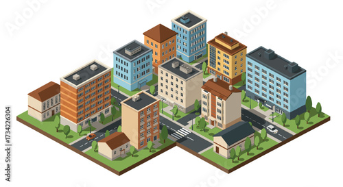 Isometric city block with colorful buildings and streets