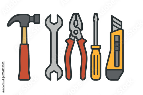 Collection of essential hand tools including hammer, wrench, pliers, screwdriver, and utility knife for various repair and construction tasks