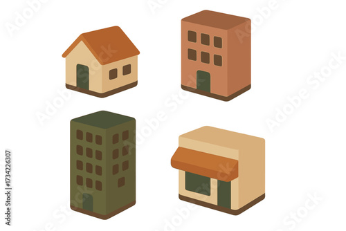 Stylized isometric buildings including home, apartment blocks, and commercial shop for urban and suburban design concepts