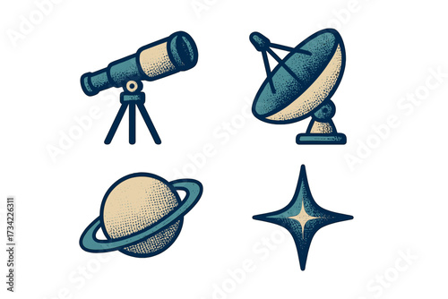 Astronomy and space exploration icons set with telescope, satellite dish, planet, and star symbols