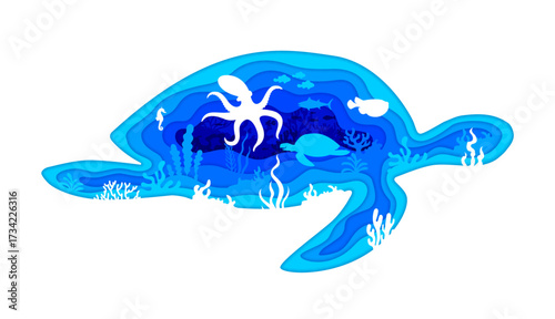 Save oceans banner, paper cut turtle silhouette with sea animals and underwater landscape, featuring coral reefs, fish shoal and octopus. 3d vector aquatic marine life inside of tortoise reptile frame