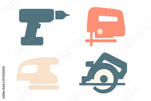 Collection of essential power tools including a drill, jigsaw, sander, and circular saw for construction and DIY projects