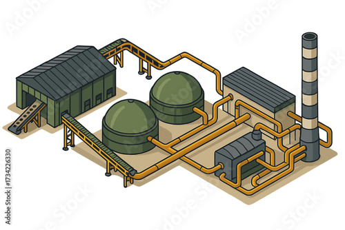Isometric industrial plant with storage tanks, conveyor belts, and a smokestack for manufacturing and energy production