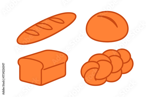 Assortment of freshly baked bread varieties including baguette, sandwich loaf, round bun, and braided challah, a delicious bakery collection