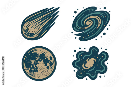 Various celestial bodies and cosmic phenomena such as a comet, spiral galaxy, full moon, and abstract space cloud