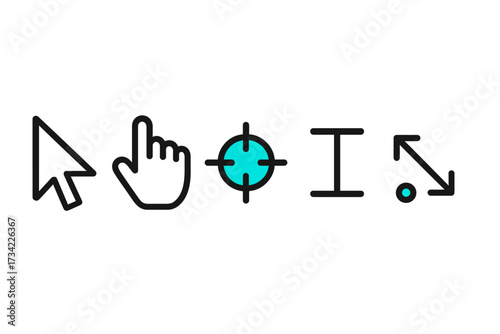 Set of diverse computer mouse cursors including pointer, hand, crosshair, text, and resize icons for user interface design