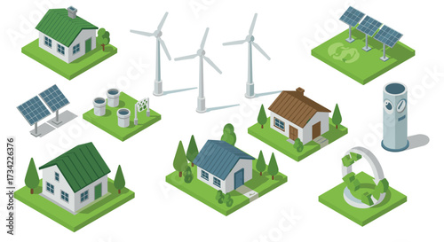 Sustainable energy systems in isometric design featuring solar and wind power