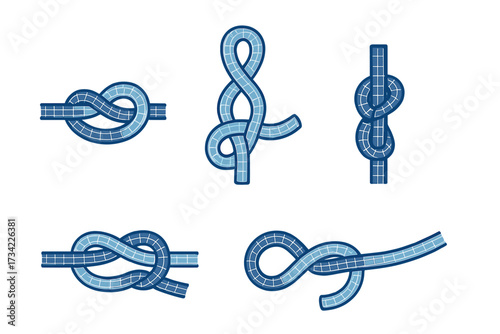 Assortment of various rope knots including figure eight, square knot, and other essential ties for sailing, boating, climbing, and outdoor activities
