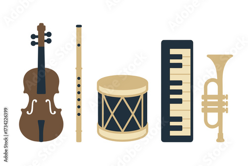 Stylized set of musical instruments: violin, flute, drum, piano keyboard, and trumpet on white background