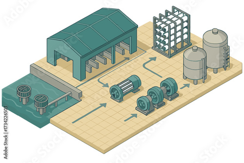 Industrial water processing facility with pumps, storage tanks, and a factory building in an isometric view