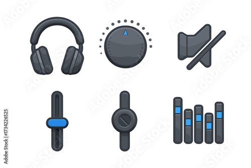 Modern audio control interface elements including headphones, volume knob, mute icon, faders, and sound equalizer