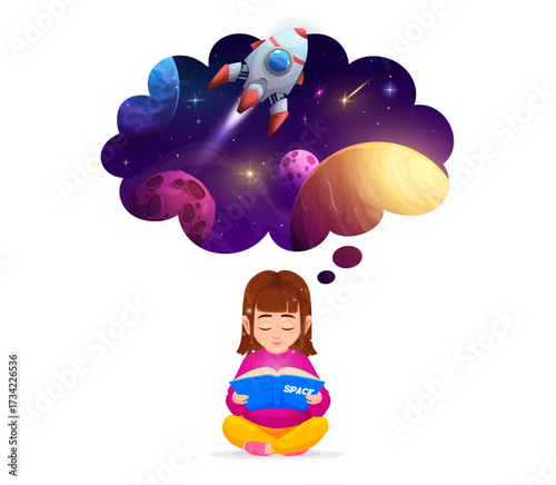 Girl dreaming about space. Cartoon vector young girl character reading a space book, imagining a colorful outer space scene with planets, stars, and a rocket ship inside a dream bubble above her head