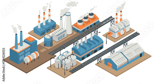 Isometric industrial plant complex with smoke stacks and pipelines
