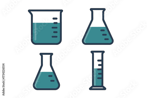 Set of laboratory glassware with beaker, Erlenmeyer flasks, and graduated cylinder filled with liquid for scientific experiments and research