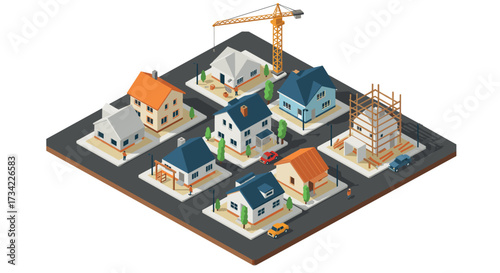 Isometric urban development with houses and construction crane