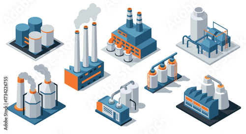 Isometric industrial building set featuring factories and plants