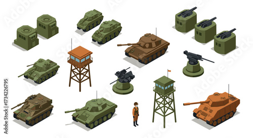 Isometric military vehicles and equipment collection with watchtower