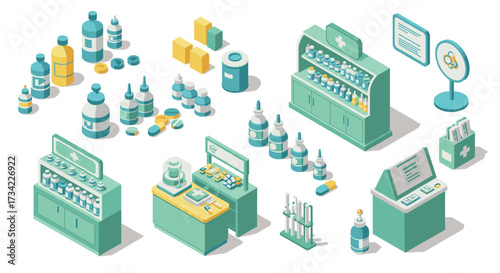 Isometric pharmacy elements with medicine bottles and shelves for medical design