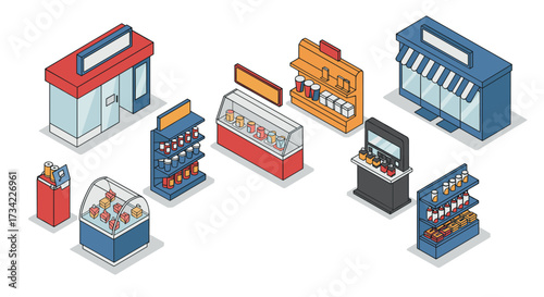 Isometric grocery store elements with counters and shelves