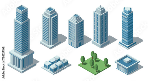 Isometric cityscape collection with skyscrapers and green park elements