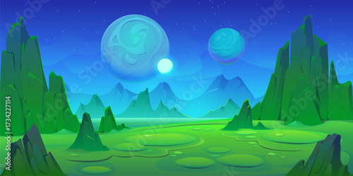 Space green planet landscape vector game background. Cartoon alien galaxy universe world fantasy space planet with green mountains, desert and rock surface, night sky with stars and mist landscape