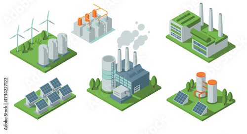 Isometric energy set: wind, solar, oil, and industrial power plant illustrations