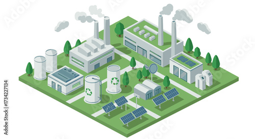 Sustainable energy plant isometric design with solar panels and green technology