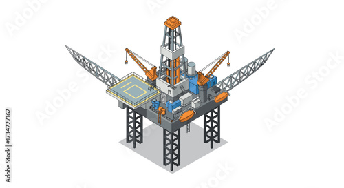 Isometric offshore oil platform with helipad and cranes on white background