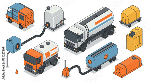 Isometric fuel tanker trucks and equipment for logistics and transportation design