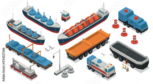 Isometric cargo and transport vehicles collection for shipping and logistics design