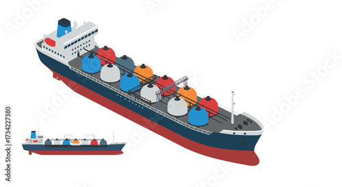 Isometric cargo ship with multiple containers on white background