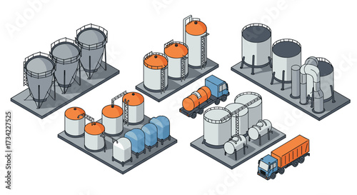 Isometric industrial storage tanks and transport trucks in detailed vector design