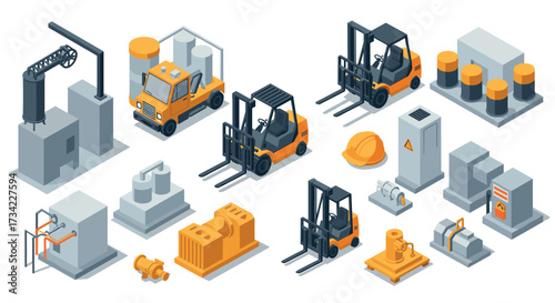 Isometric industrial equipment set with forklifts and machinery elements