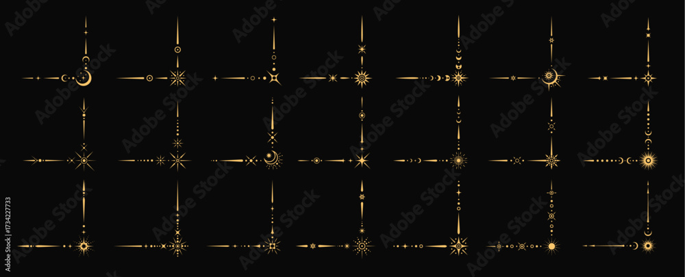 Fototapeta premium Magic esoteric celestial border corners. Vector set of mystic decorative golden angles with stars, moons, suns and cosmic patterns. Boho frames, elegant space decoration with a stellar embellishments