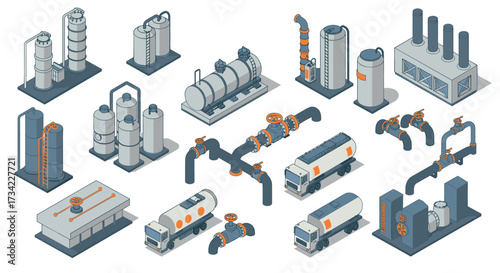Isometric industrial plant elements with equipment and pipes