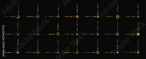 Magic esoteric celestial border corners. Vector set of mystic decorative golden angles with stars, moons, suns and cosmic patterns. Boho frames, elegant space decoration with a stellar embellishments