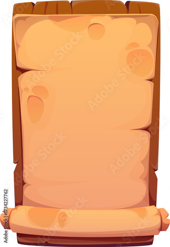 Pirate signboard, frame and heraldry icon. Cartoon vector vertical scroll, old parchment with curled edge hanging on a wooden board. Template for fantasy games, ancient messages or adventure maps