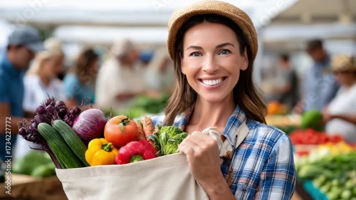 Smiling Shopper with Fresh Produce at Outdoor Market: A radiant woman, her face aglow with a genuine smile, proudly displays a vibrant array of fresh.