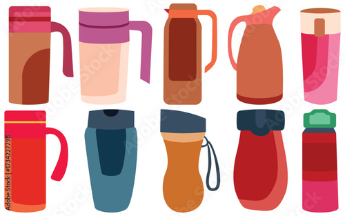 Hot Drink Tumblers & Thermos Flasks Collection – Flat Style Travel Mugs and Coffee Vector Icons
