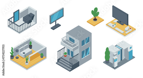 Modern isometric home design with interior elements and outdoor spaces