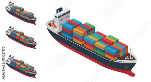Isometric cargo ship loaded with colorful containers in multiple sizes