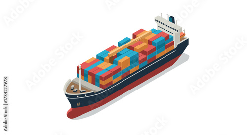 Isometric cargo ship with colorful containers on white background