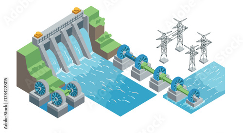 Isometric hydroelectric power plant with turbines and transmission lines