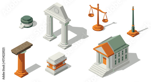 Isometric justice and legal architecture icons with court scales and columns
