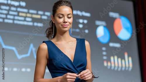 Poised Confidence in Presentation: A poised woman, dressed in a sleek gown, delivers a compelling presentation, the screen behind her displaying intricate charts and graphs.