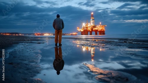 Reflection and Industry: A solitary figure contemplates an illuminated oil rig at twilight, their reflection mirrored in the tranquil waters. This striking image captures a blend of industry.