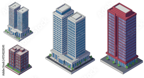 Isometric urban skyscrapers: modern architectural structures with detailed design