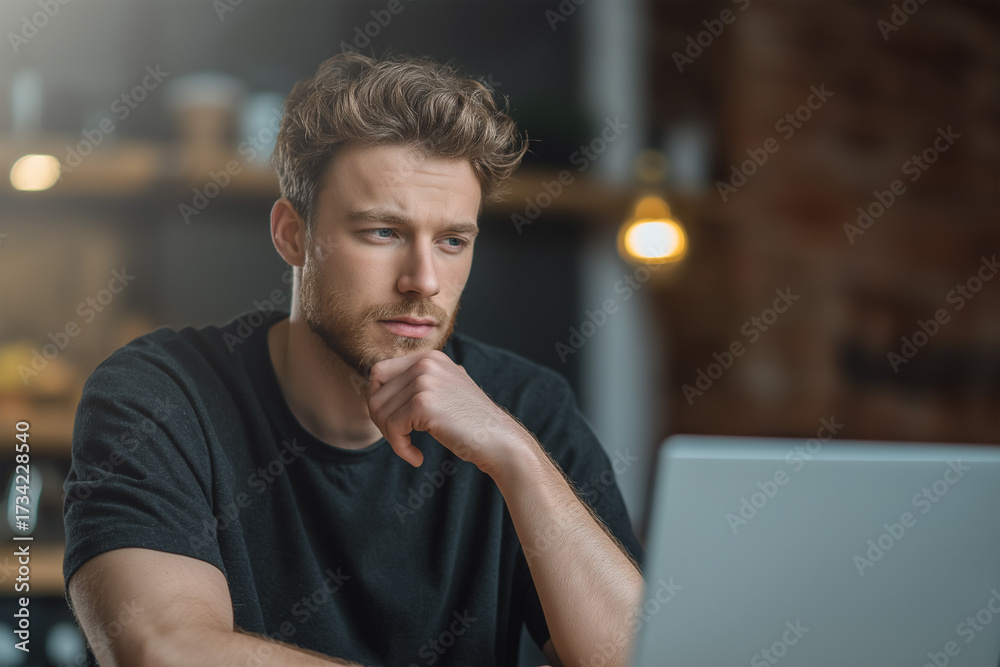 Fototapeta premium Young man focused on work at a modern cafe in the morning
